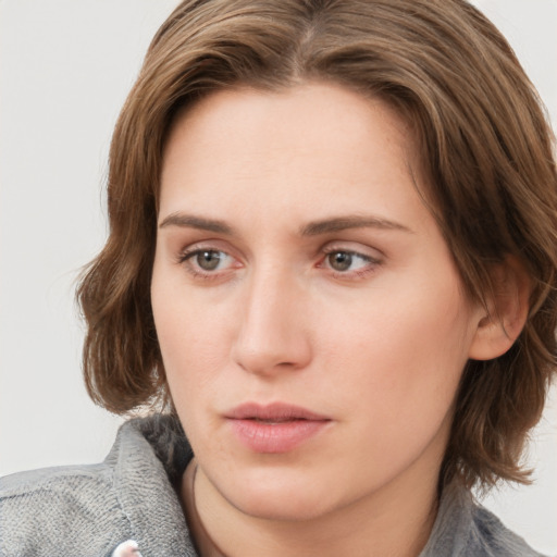 Neutral white young-adult female with medium  brown hair and grey eyes