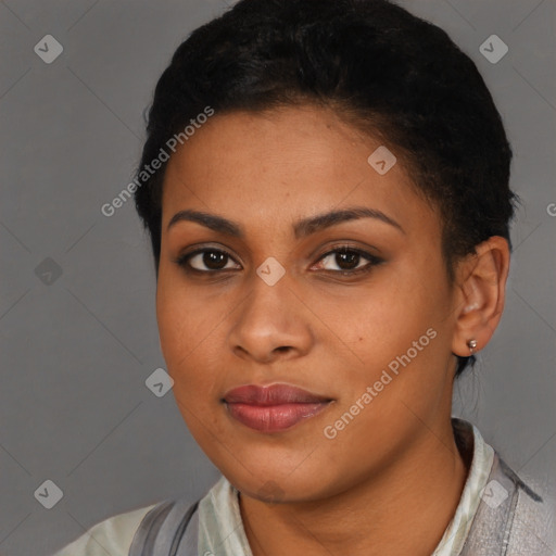 Joyful latino young-adult female with short  brown hair and brown eyes