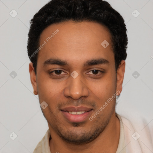 Joyful latino young-adult male with short  black hair and brown eyes