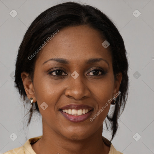 Joyful black young-adult female with medium  brown hair and brown eyes
