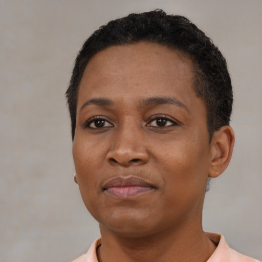 Neutral black young-adult female with short  black hair and brown eyes