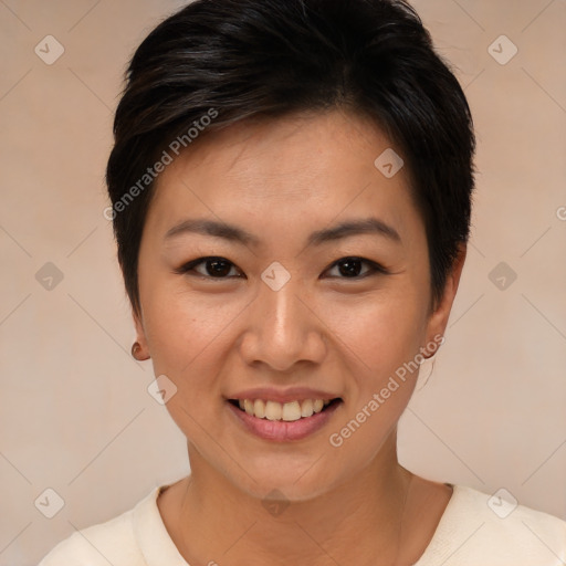 Joyful asian young-adult female with short  brown hair and brown eyes