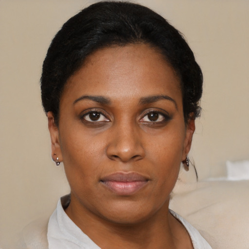Neutral black young-adult female with short  black hair and brown eyes