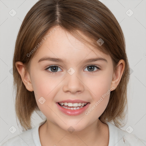 Joyful white child female with medium  brown hair and brown eyes