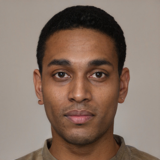 Neutral black young-adult male with short  black hair and brown eyes