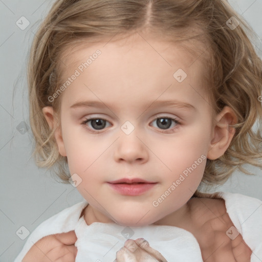 Neutral white child female with medium  brown hair and blue eyes