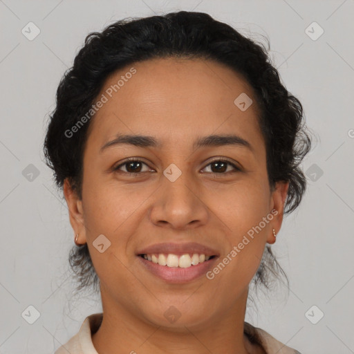 Joyful latino young-adult female with short  brown hair and brown eyes