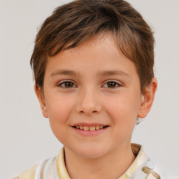 Joyful white child female with short  brown hair and brown eyes