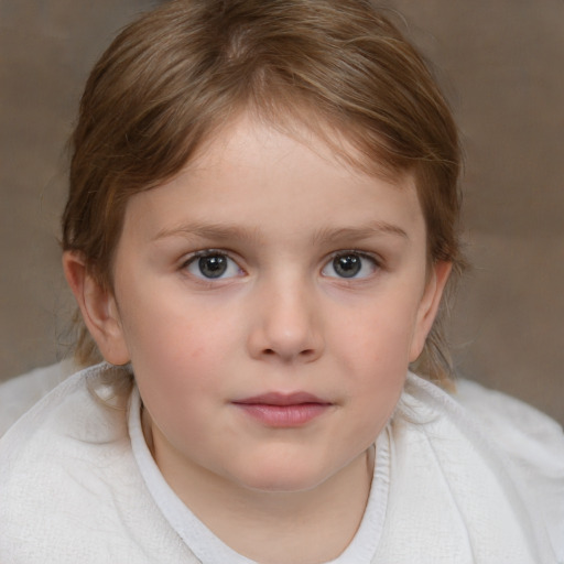 Neutral white child female with medium  brown hair and blue eyes