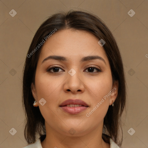 Joyful white young-adult female with medium  brown hair and brown eyes