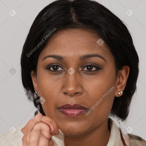 Joyful latino young-adult female with medium  brown hair and brown eyes