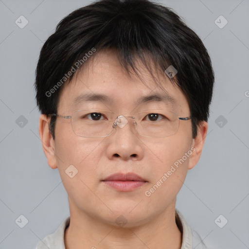 Neutral asian adult male with short  brown hair and brown eyes