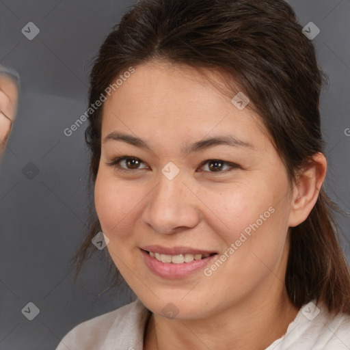 Joyful white young-adult female with medium  brown hair and brown eyes