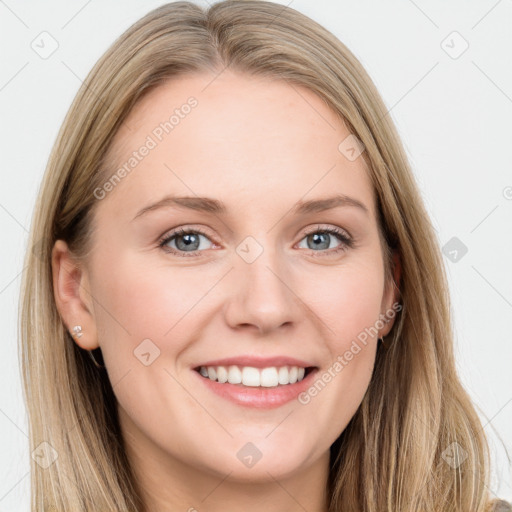 Joyful white young-adult female with long  brown hair and blue eyes