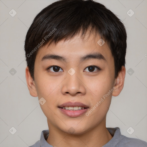 Joyful asian young-adult male with short  black hair and brown eyes