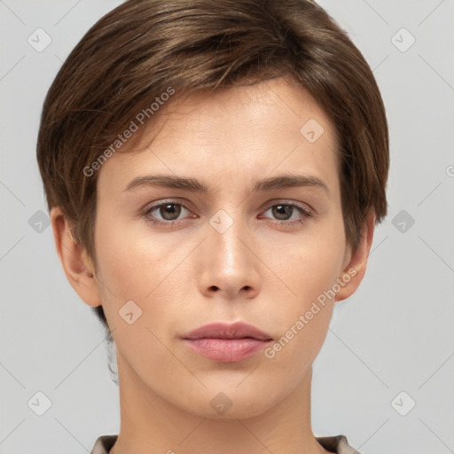 Neutral white young-adult female with short  brown hair and brown eyes