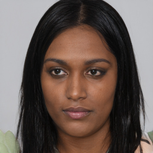 Neutral asian young-adult female with long  black hair and brown eyes