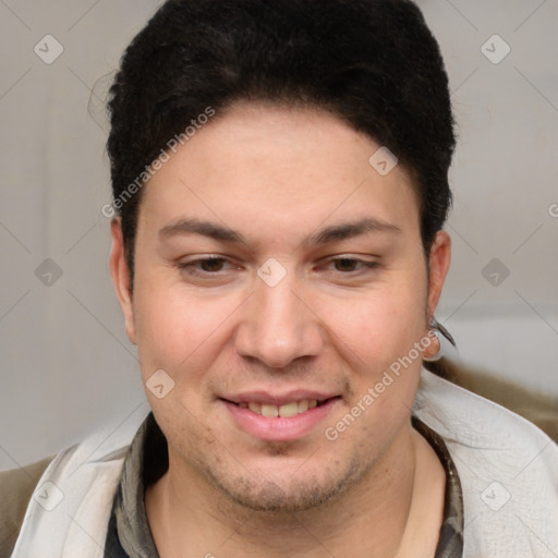 Joyful white adult female with short  brown hair and brown eyes