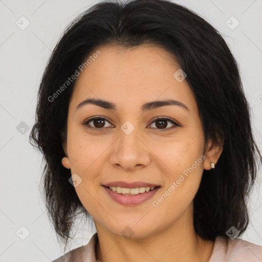 Joyful asian young-adult female with long  brown hair and brown eyes