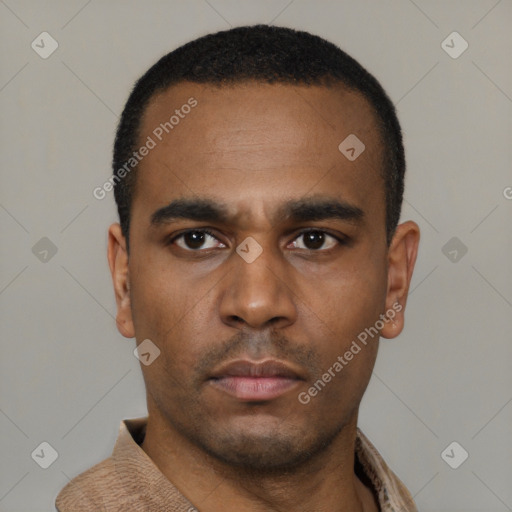 Neutral latino young-adult male with short  black hair and brown eyes