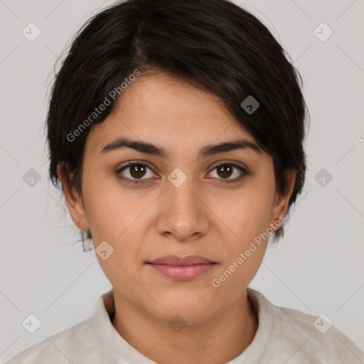 Joyful white young-adult female with medium  brown hair and brown eyes