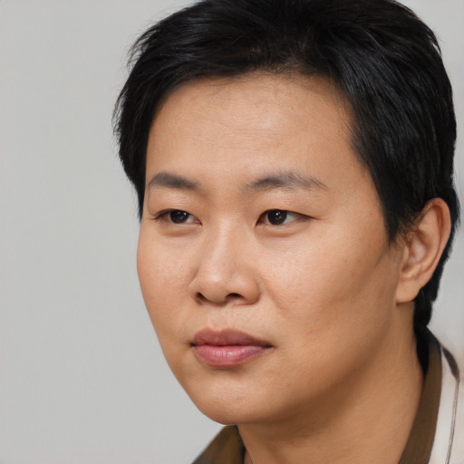 Joyful asian young-adult female with short  black hair and brown eyes