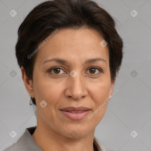 Joyful white adult female with short  brown hair and brown eyes