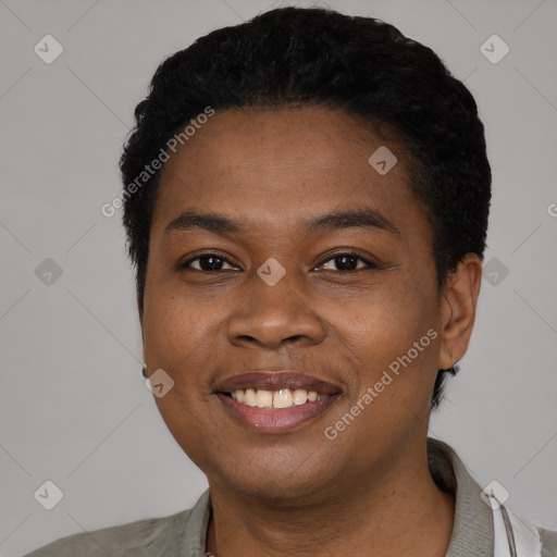 Joyful black young-adult female with short  black hair and brown eyes