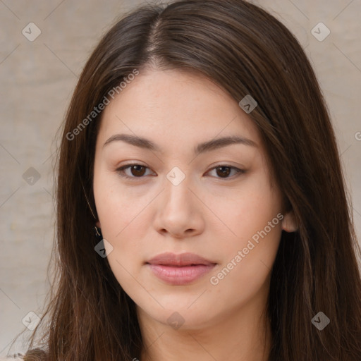 Neutral white young-adult female with long  brown hair and brown eyes