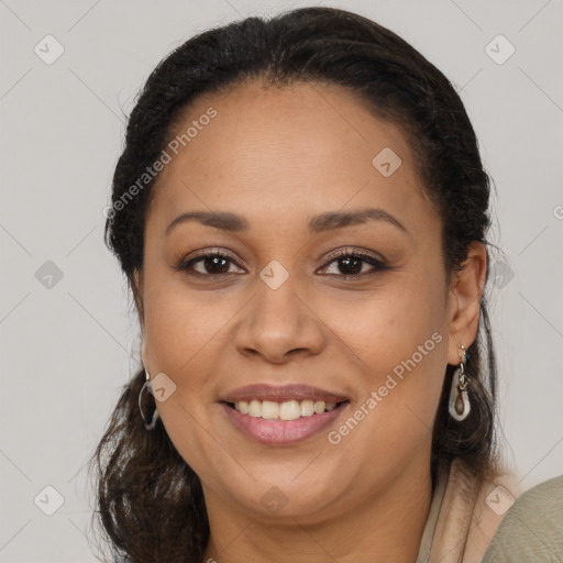 Joyful latino young-adult female with medium  brown hair and brown eyes