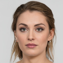 Neutral white young-adult female with medium  brown hair and grey eyes