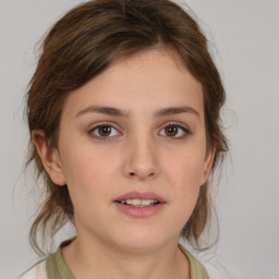 Neutral white young-adult female with medium  brown hair and brown eyes