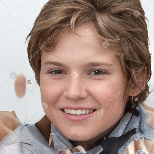 Joyful white child female with medium  brown hair and brown eyes