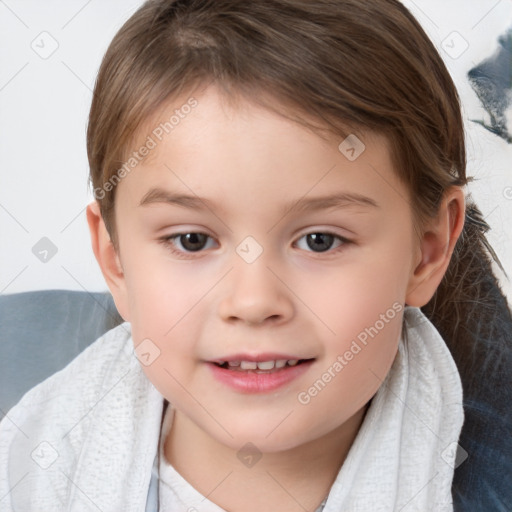 Joyful white child female with medium  brown hair and brown eyes