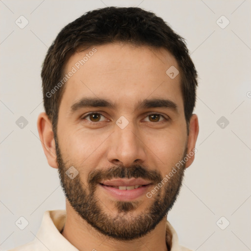 Joyful white young-adult male with short  brown hair and brown eyes