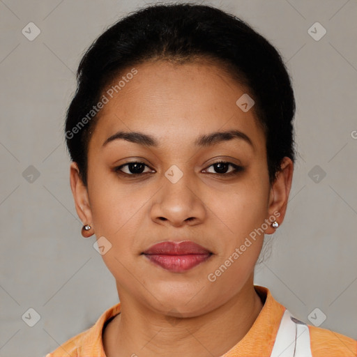 Joyful latino young-adult female with short  brown hair and brown eyes