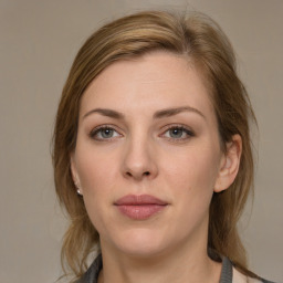 Neutral white young-adult female with medium  brown hair and grey eyes