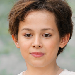 Joyful white child female with short  brown hair and brown eyes