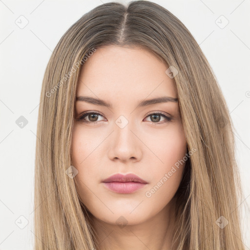 Neutral white young-adult female with long  brown hair and brown eyes