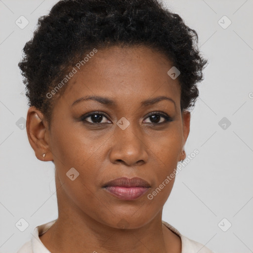 Neutral black young-adult female with short  brown hair and brown eyes