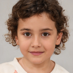 Joyful white child female with medium  brown hair and brown eyes