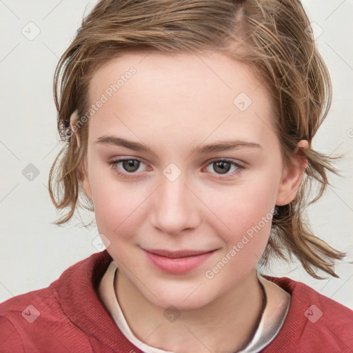 Joyful white child female with medium  brown hair and blue eyes