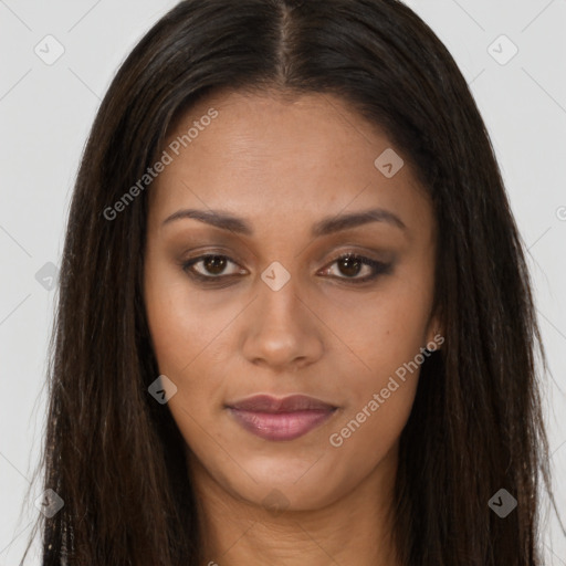 Joyful asian young-adult female with long  brown hair and brown eyes