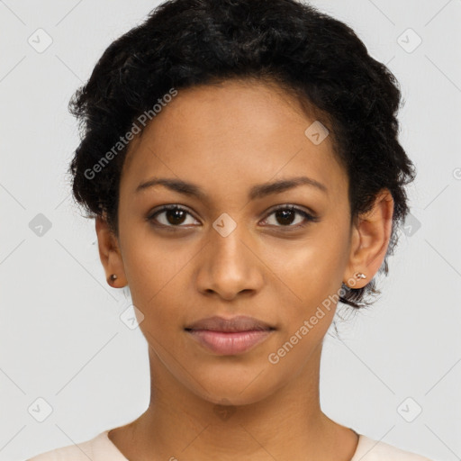 Joyful latino young-adult female with short  black hair and brown eyes