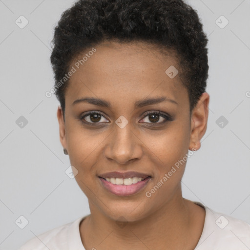 Joyful black young-adult female with short  brown hair and brown eyes