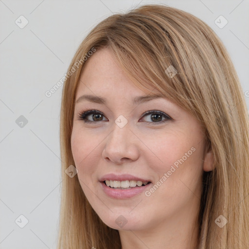 Joyful white young-adult female with long  brown hair and brown eyes