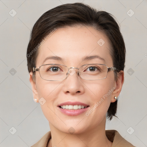 Joyful white adult female with medium  brown hair and grey eyes