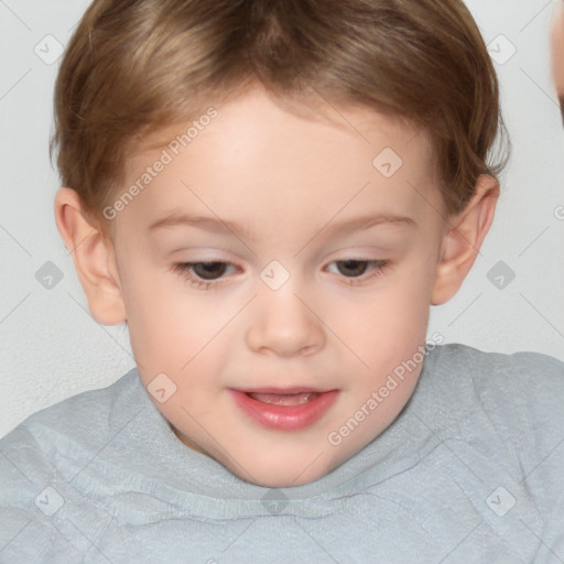 Joyful white child female with short  brown hair and brown eyes