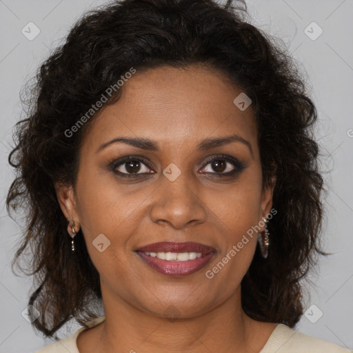 Joyful black young-adult female with medium  brown hair and brown eyes