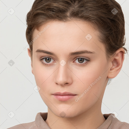 Neutral white young-adult female with short  brown hair and brown eyes